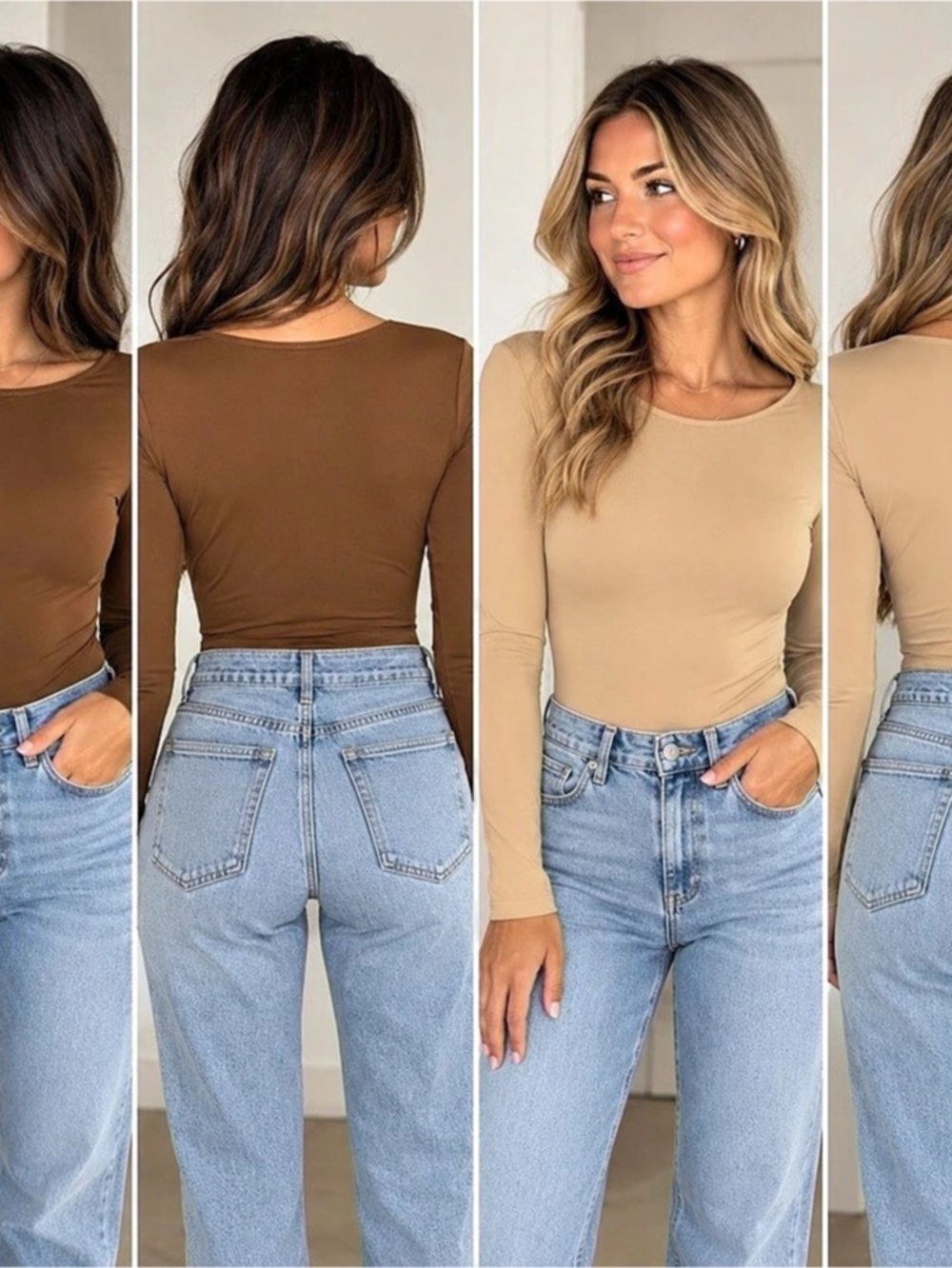Two Long Sleeve Bodysuit in Brown and Tan Size Small